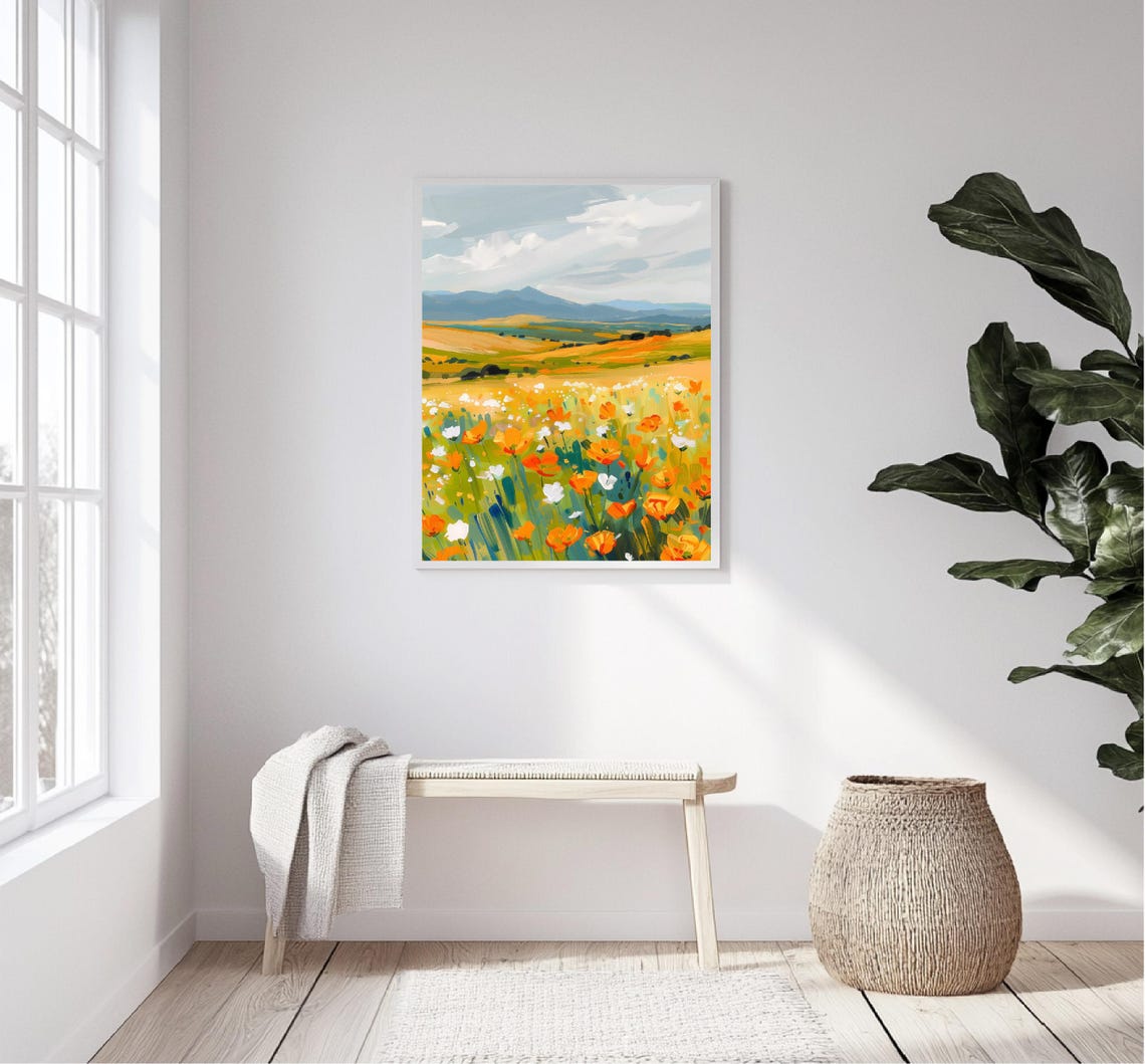 Wildflower Meadow Orange Poppies Mountain View Spring Landscape Poster - Image 5