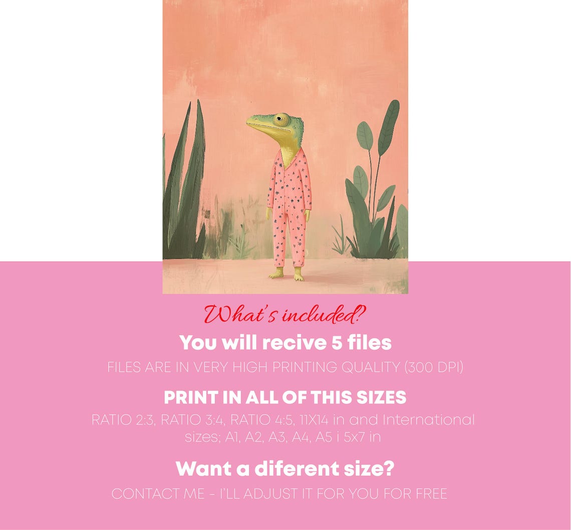 Colorful Cute Anthropomorphic Chameleon Dressed Pastel Wall Art Print Trendy Girly Watercolor Animal Trendy - Image 5