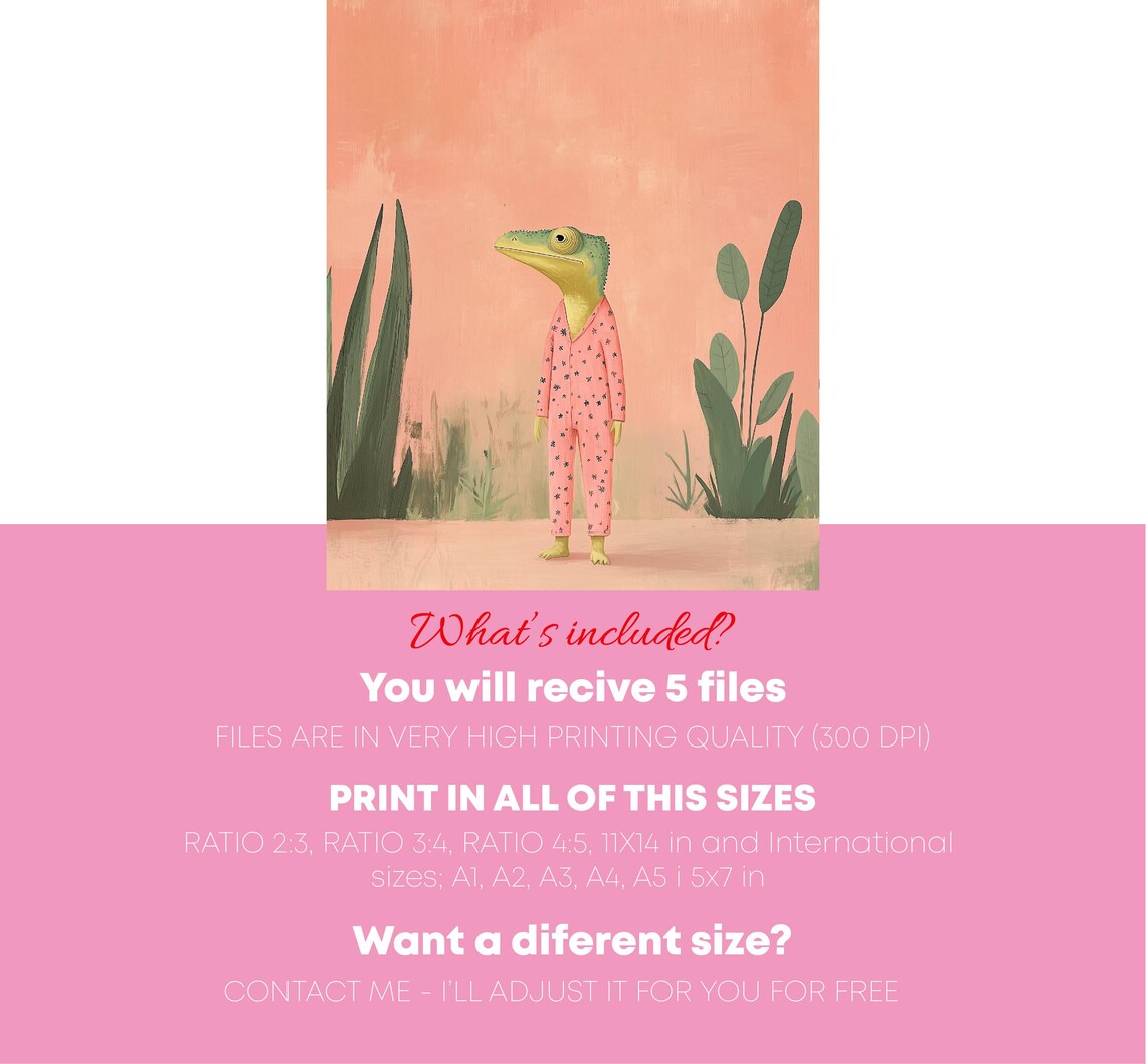 Cute Chameleon In Pink Pajamas Tropical Plants Funny Animal Poster - Image 5