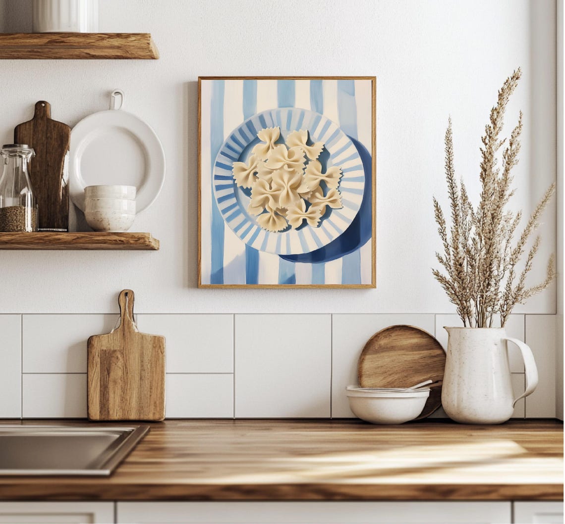 Farfalle Pasta On Blue Striped Plate Top Down Kitchen Art Poster - Image 3
