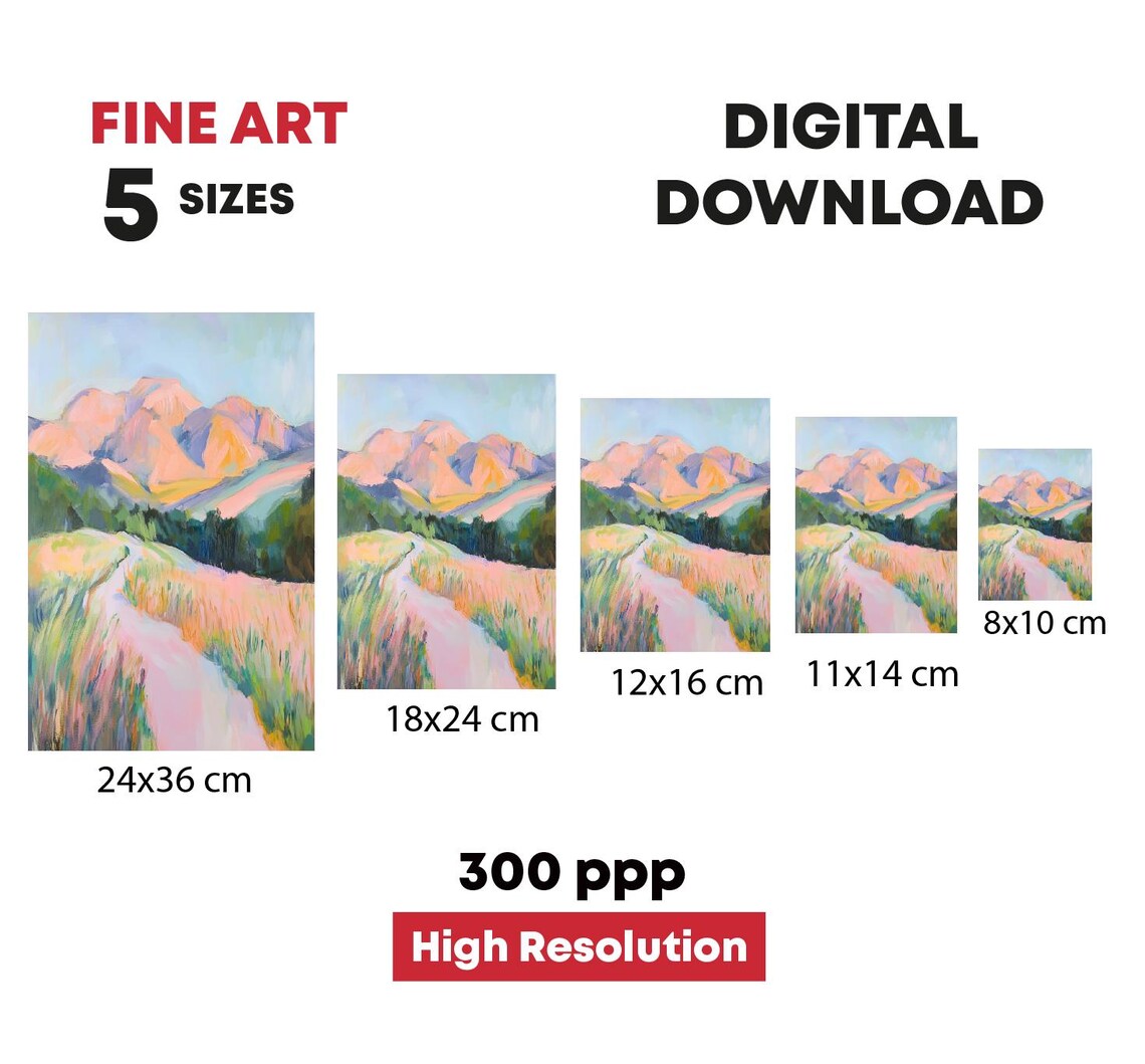 Pink Mountain Peaks Grassy Meadow Path Pastel Landscape Art Print - Image 4