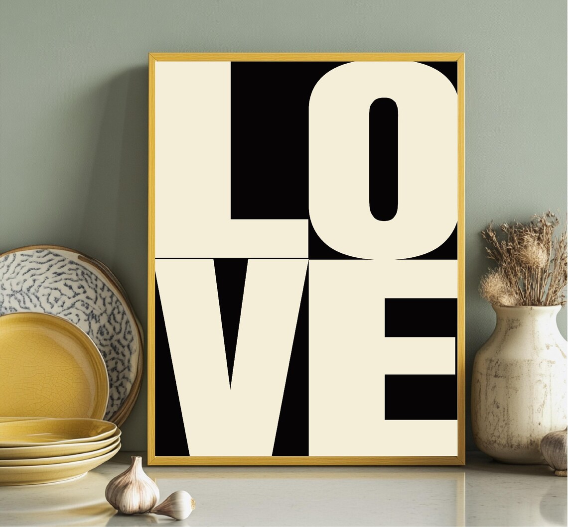 Love Stacked Cream Typography Black Background Modern Wall Art - Image 4