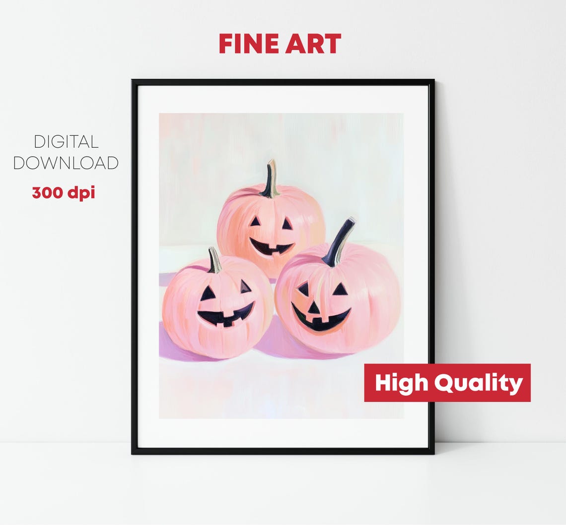 Three Pink Jack O Lantern Pumpkins Cute Pastel Halloween Print - Image 2
