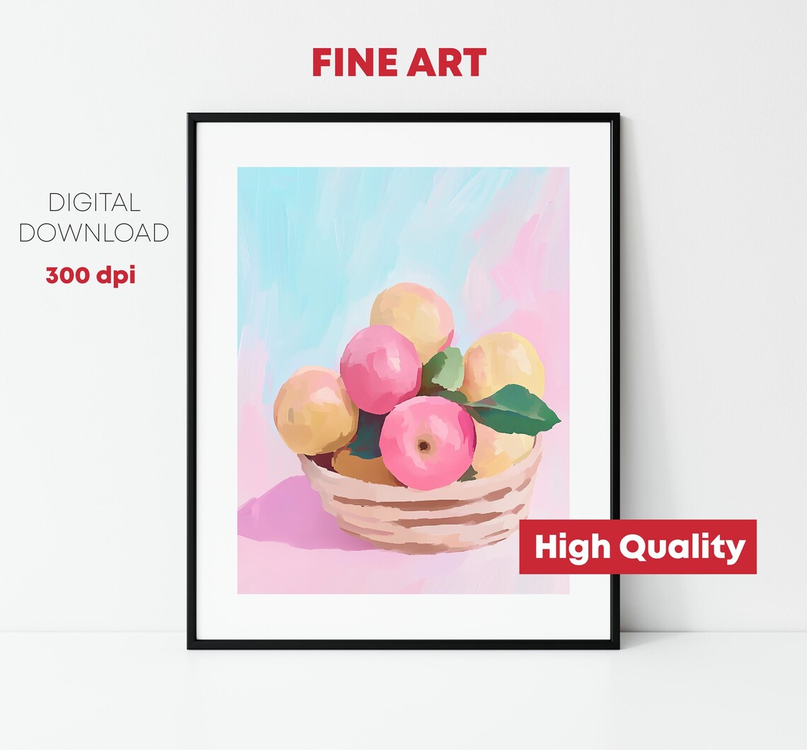 Bowl Of Pink Apples Pastel Fruit Still Life Kitchen Art Print - Image 2