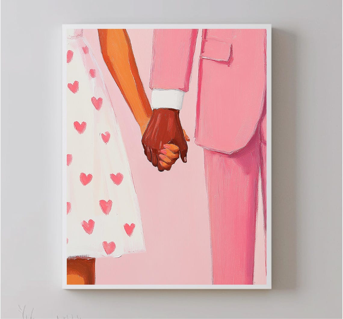 Romantic Couple Holding Hands Pink Hearts Modern Love Wall Art