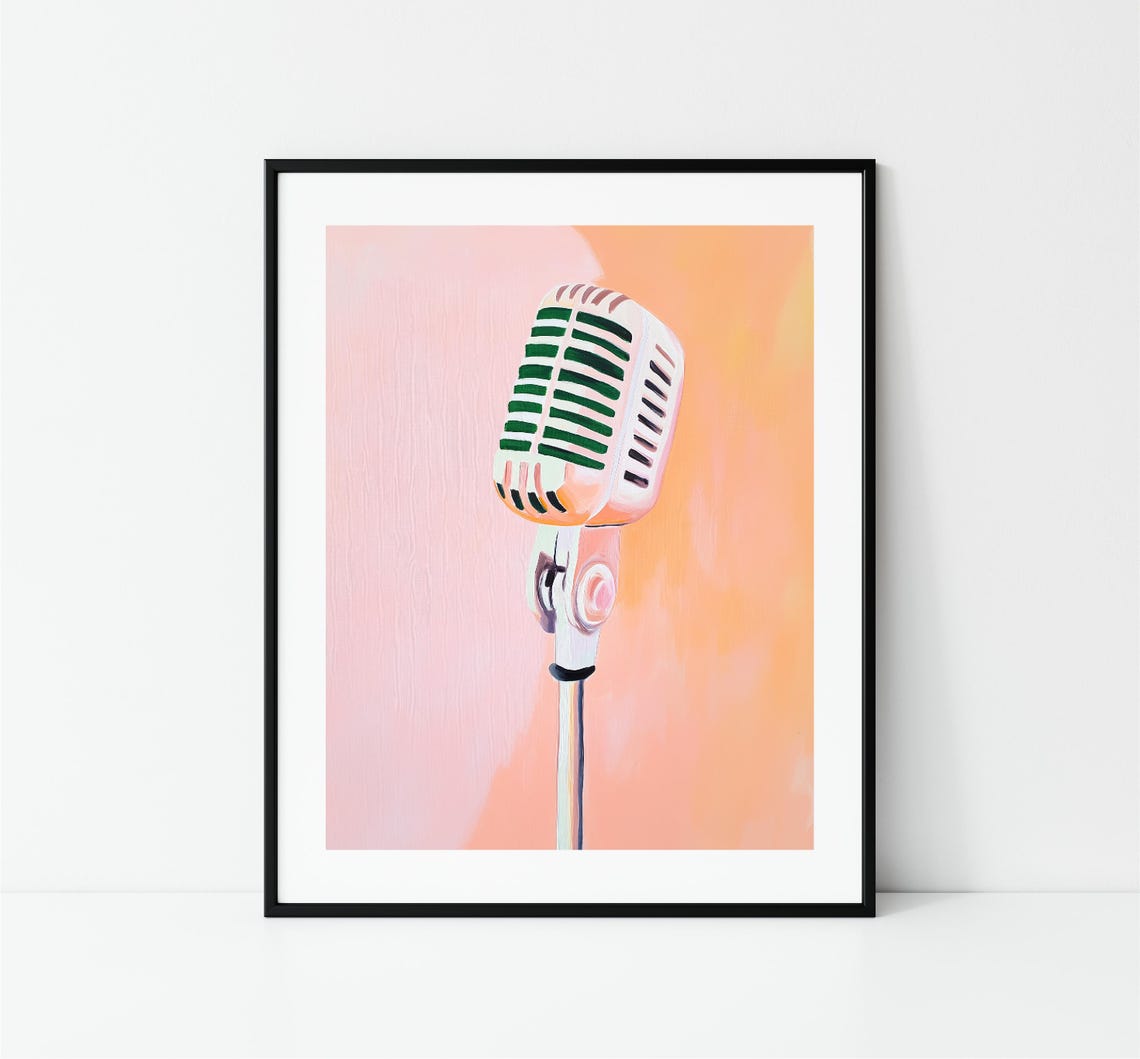 Vintage Retro Microphone Pink Orange Background Music Art Print - Image 3