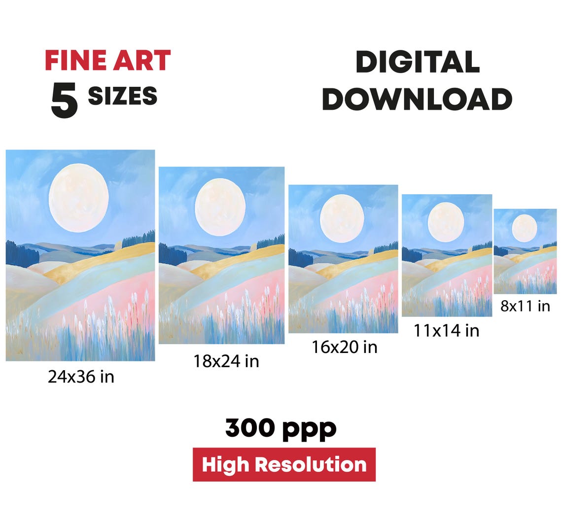 Pastel Rolling Hills Meadow Moonlit Abstract Landscape Art Poster - Image 4