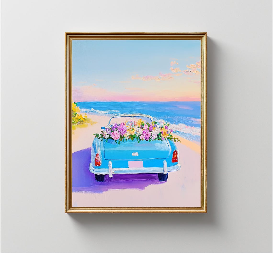 Vintage Blue Convertible Beach Sunset Flowers Trunk Road Trip Poster - Image 3