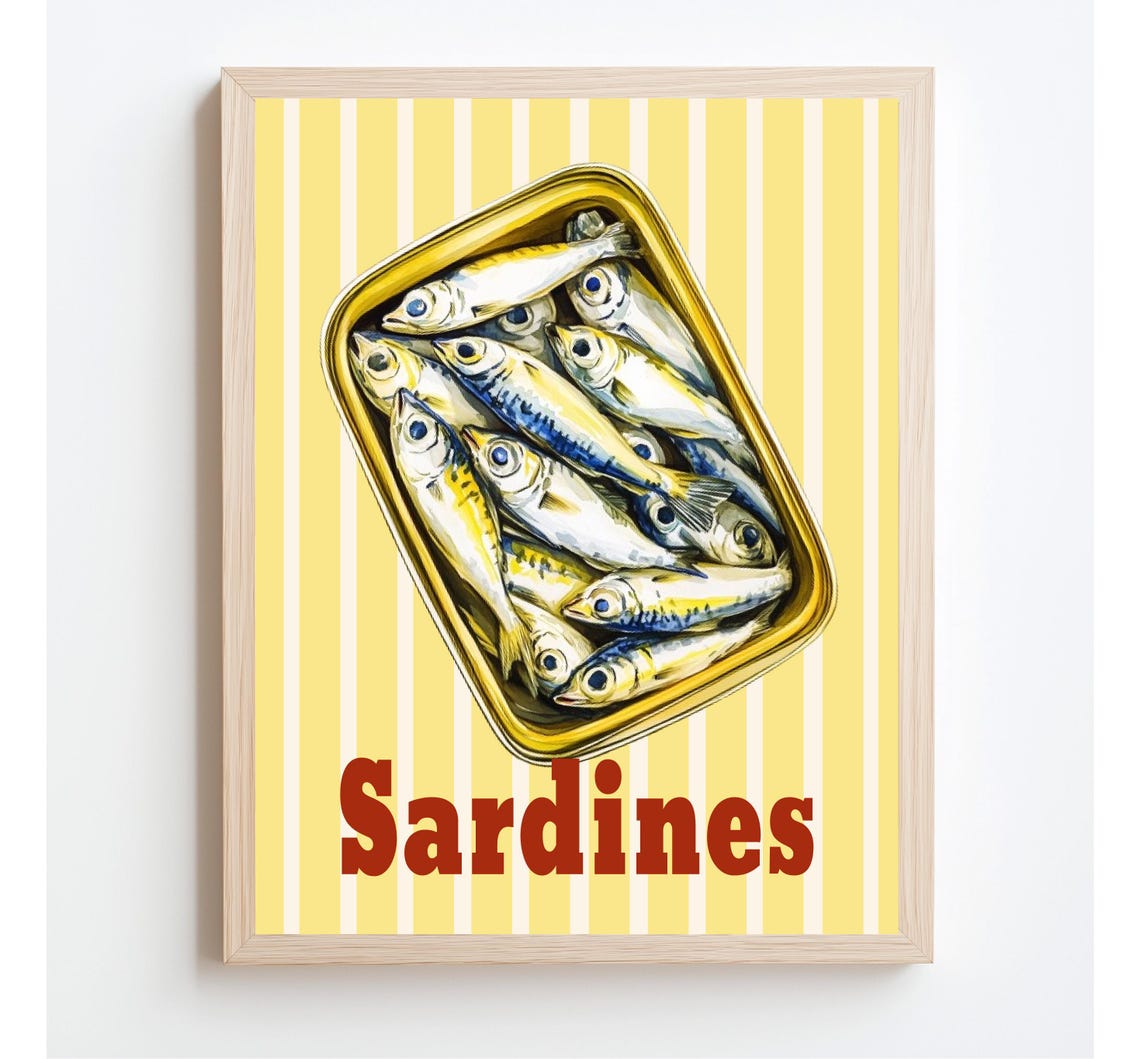 Sardines Tin Illustration Yellow Striped Background Kitchen Poster - Image 3