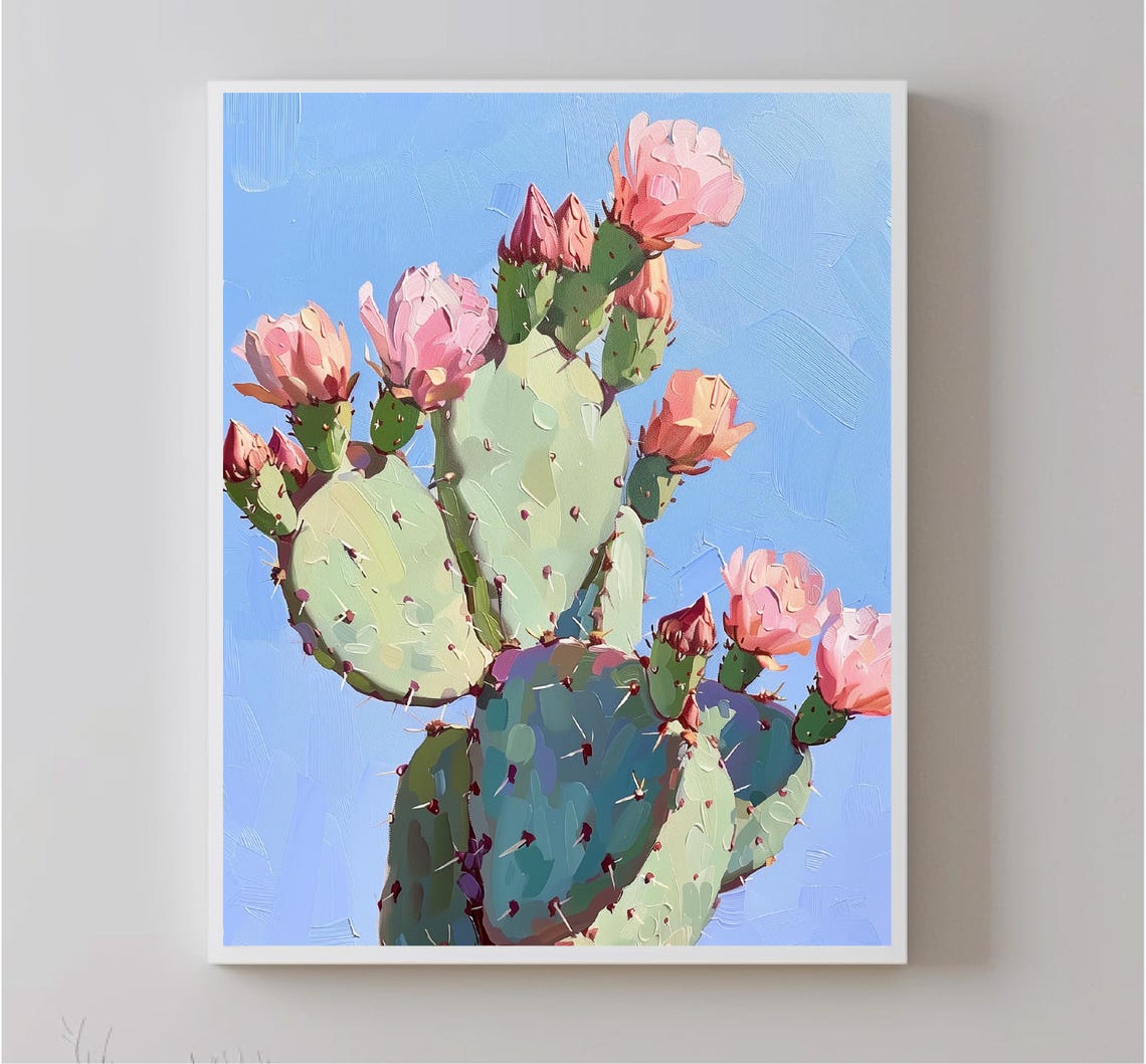 Blooming Prickly Pear Cactus Pink Flowers Blue Sky Botanical Print - Image 5
