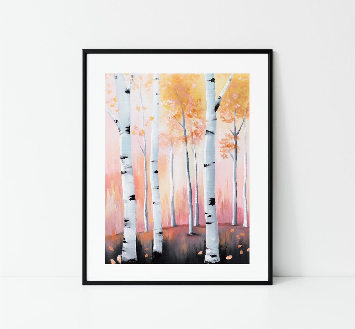 Autumn Birch Forest White Trunks Peach Fall Foliage Art Poster - Image 3