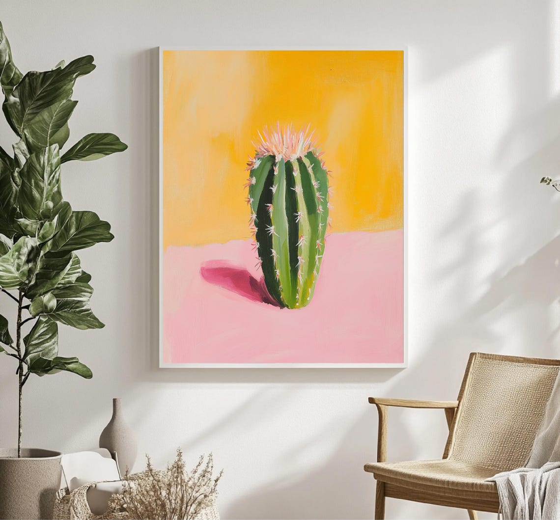Green Cactus On Pink Surface Pop Art Yellow Background Wall Poster - Image 2