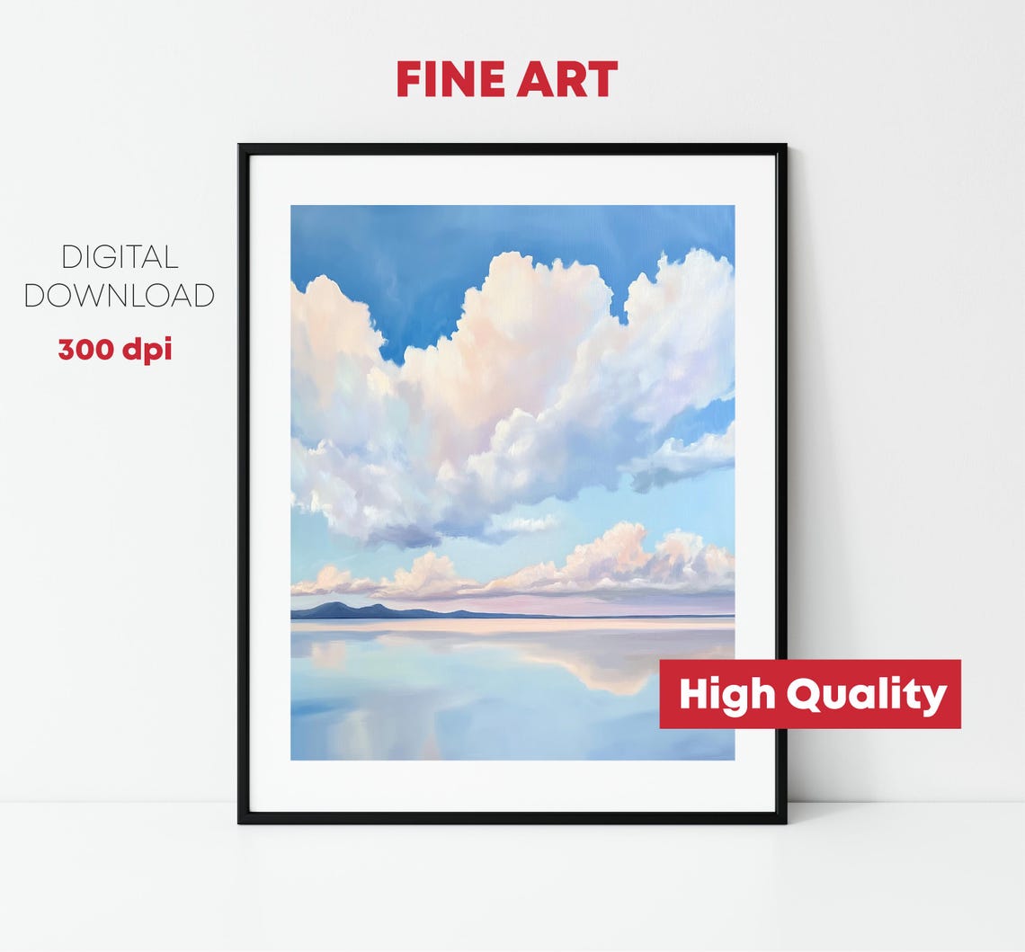 Fluffy Cumulus Clouds Over Calm Blue Water Sky Reflection Poster - Image 2