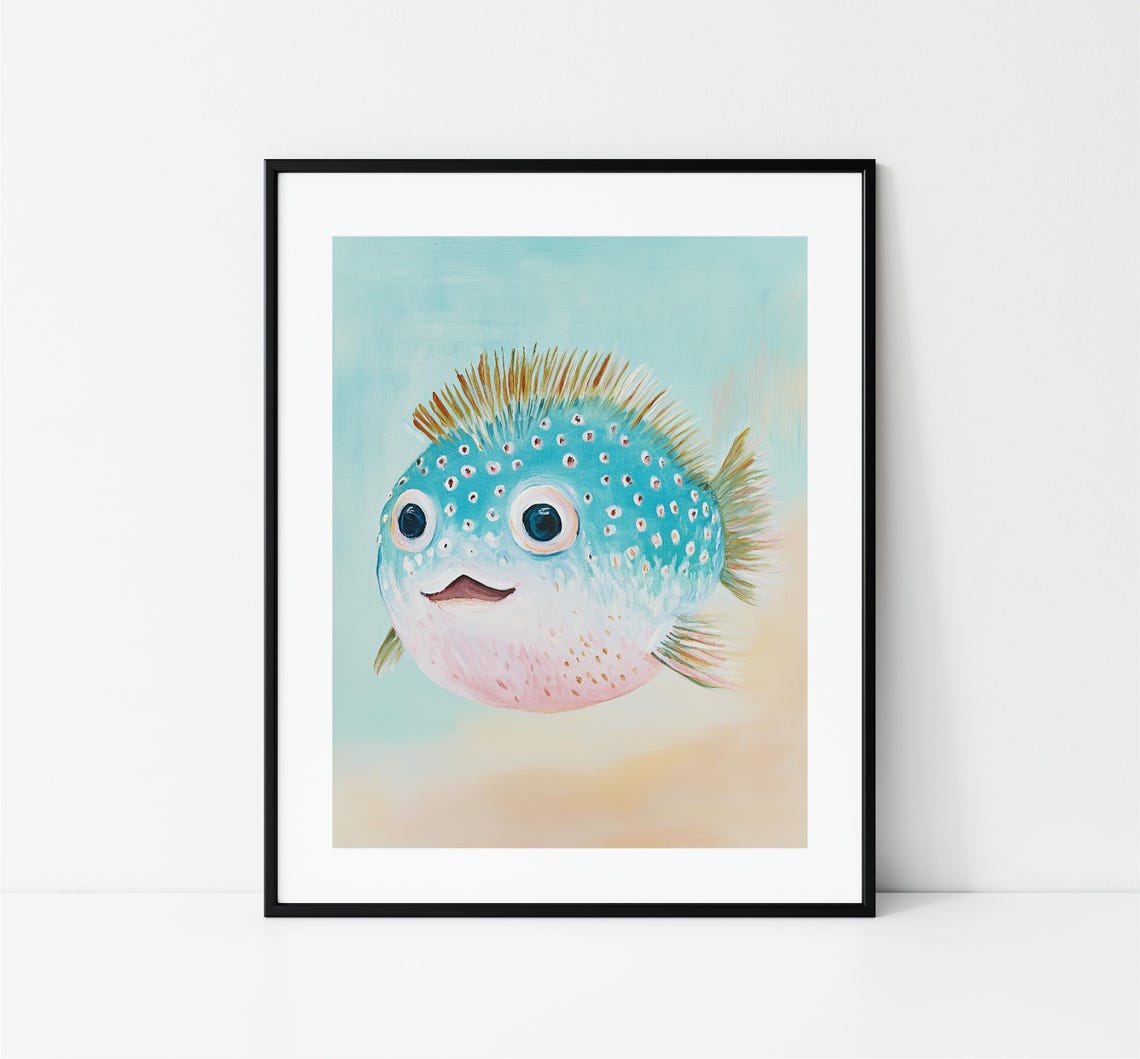 Smiling Blue Pufferfish Portrait Pastel Ocean Nursery Wall Art Print - Image 3