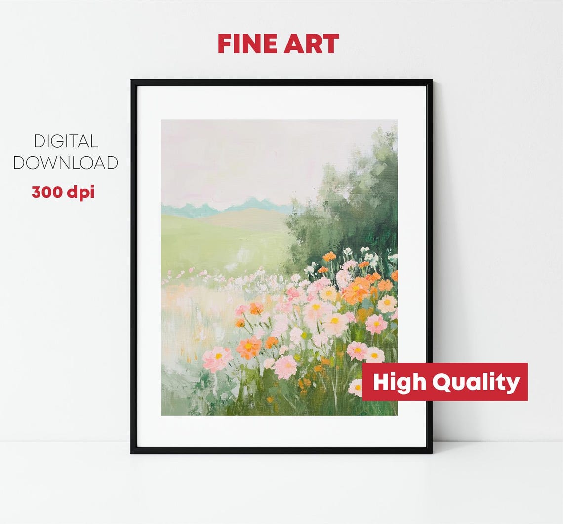 Wildflower Meadow Pastel Cosmos Field Green Hills Landscape Poster - Image 2
