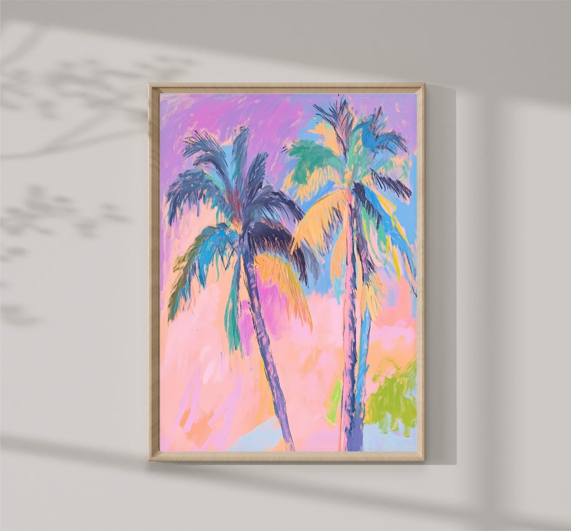 Vibrant Pastel Palm Trees Pink Tropical Sky Summer Coastal Poster