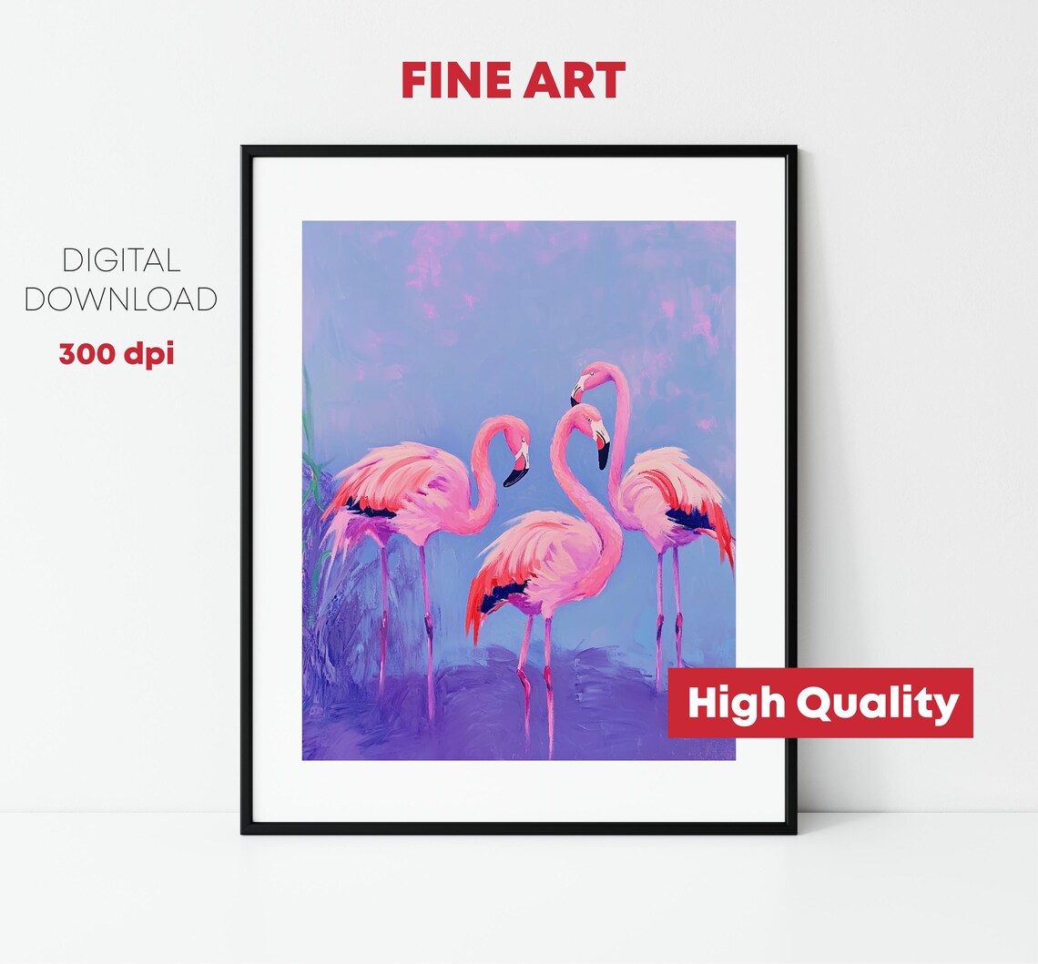 Three Pink Flamingos Purple Twilight Watercolor Coastal Bird Art Print - Image 2
