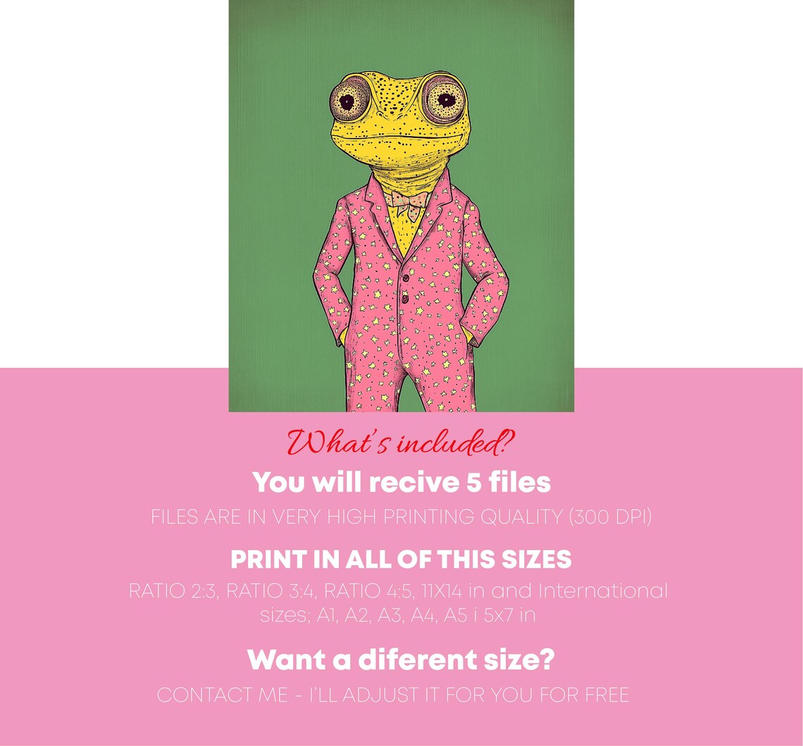 Retro Yellow Frog In Pink Star Suit Funny Animal Illustration Poster - Image 5