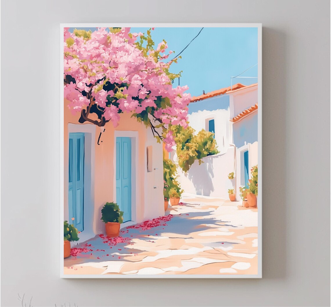 Greek Island Street Bougainvillea Bloom Blue Doors Travel Poster