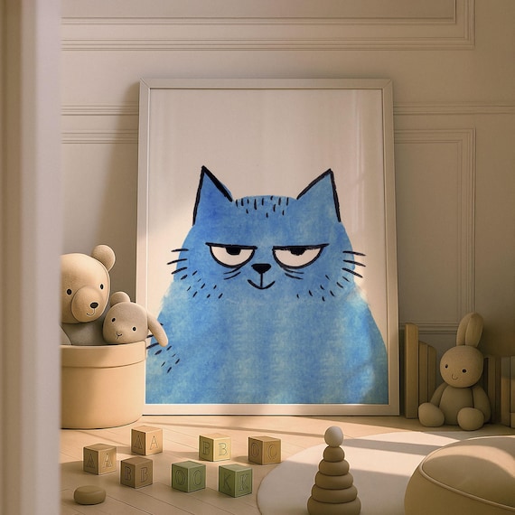 Cute Cat Kids Nursery Wall Art Baby Animal Prints Whimsical Illustration House Theme Room Decor