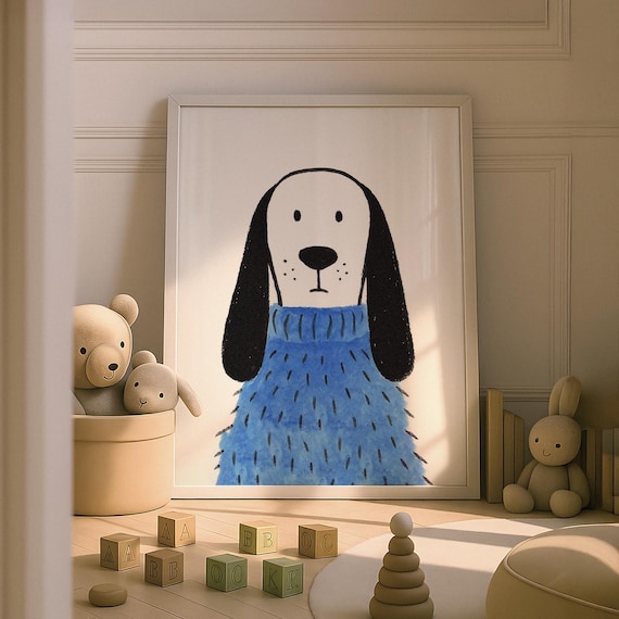 Cute Dog Wearing Blue Sweater Whimsical Nursery Kids Room Poster
