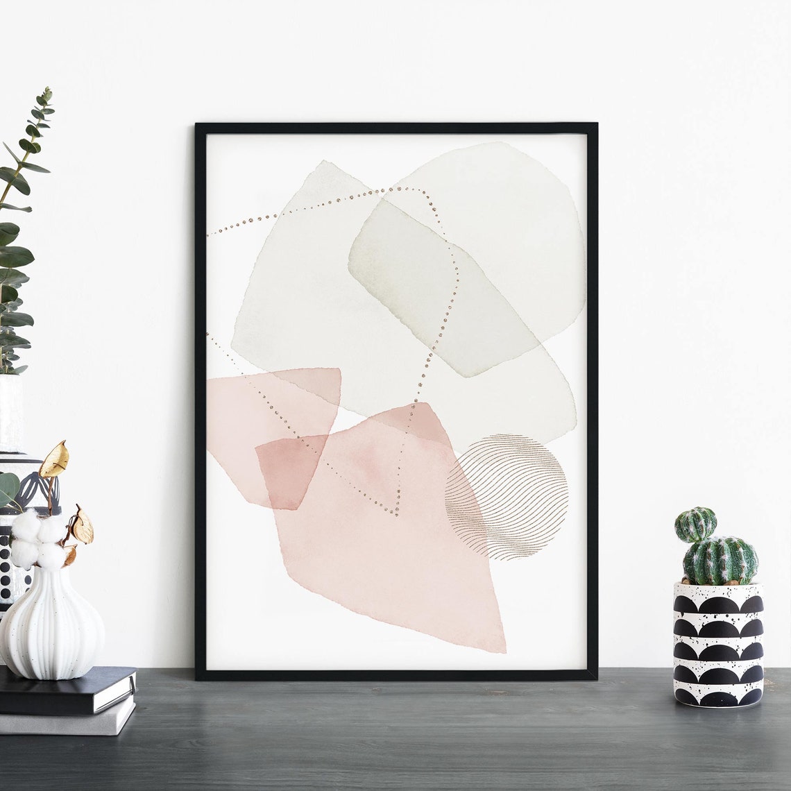 Blush Pink Gray Abstract Watercolor Dotted Line Modern Art Print