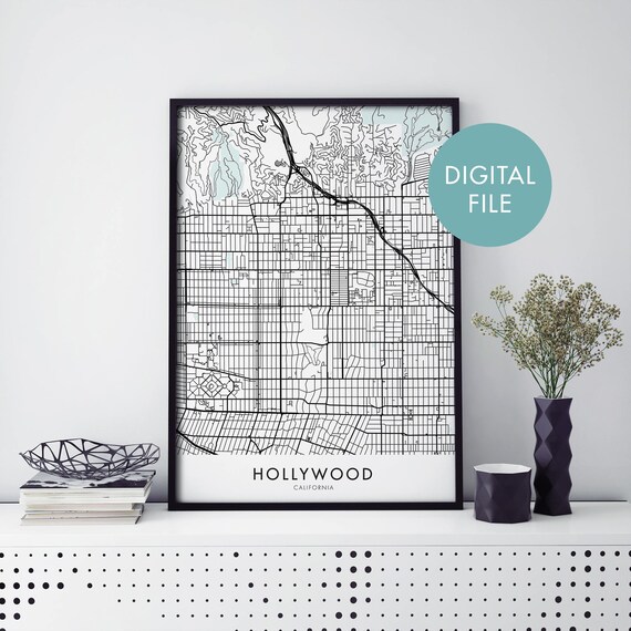 Hollywood California Black Line City Map Digital File Art Poster