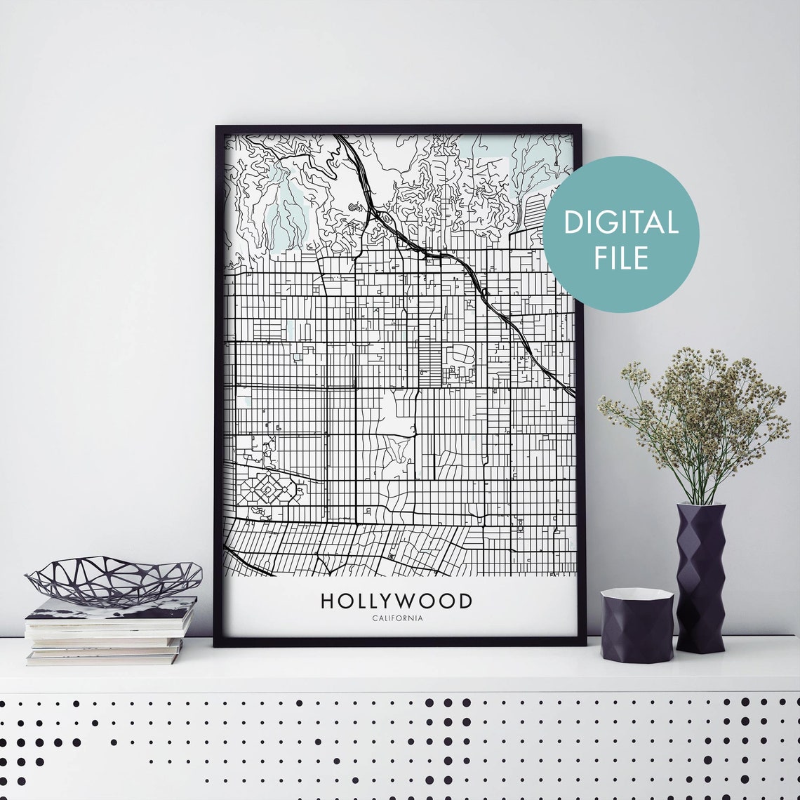 Hollywood California Black Line City Map Digital File Art Poster