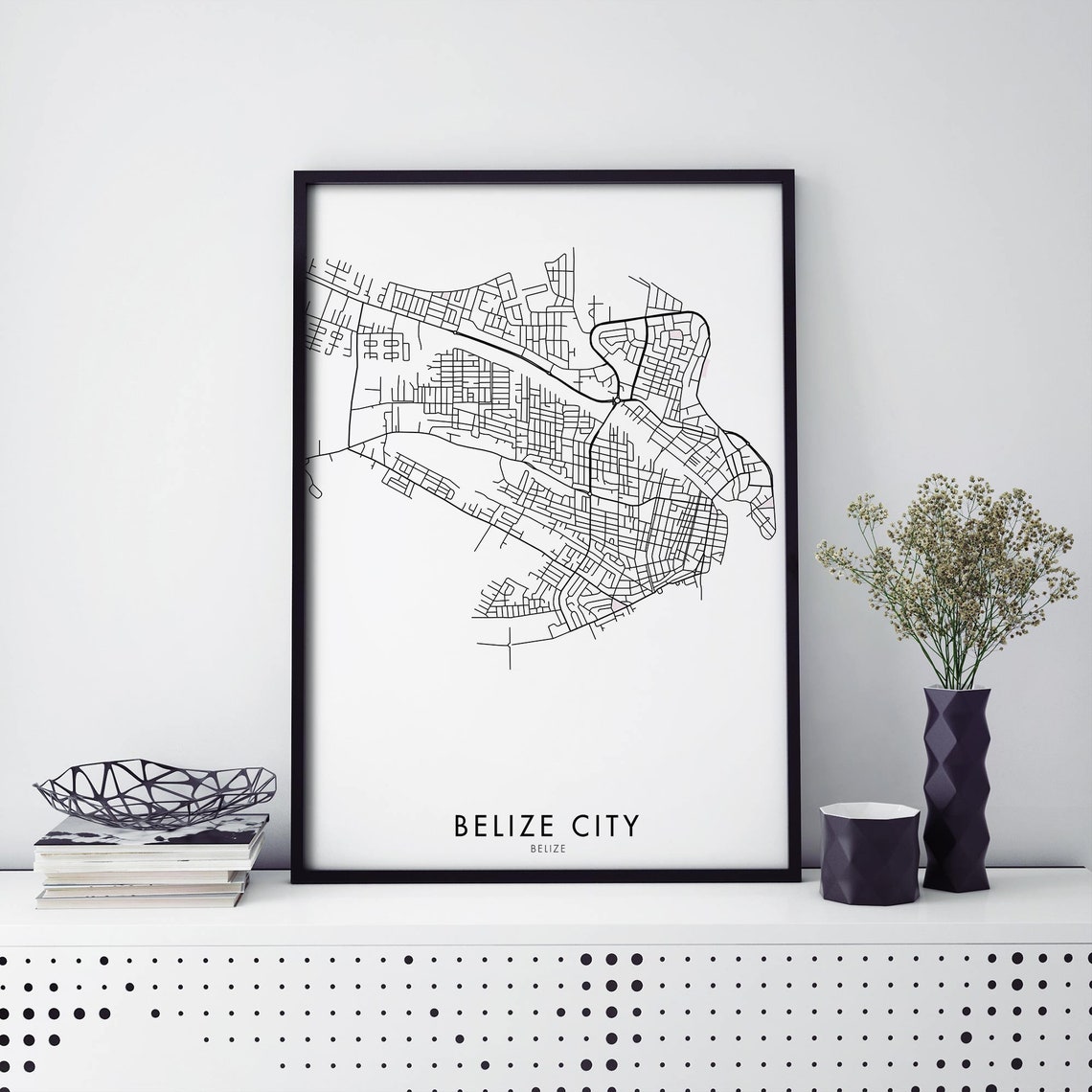 Belize City Belize Caribbean Minimalist Black Street Map Poster