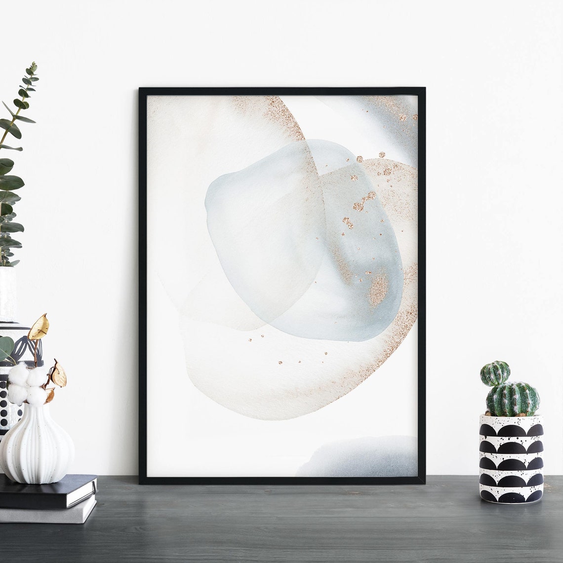 Soft Grey Watercolour Pebble Shapes Gold Flecks Abstract Poster