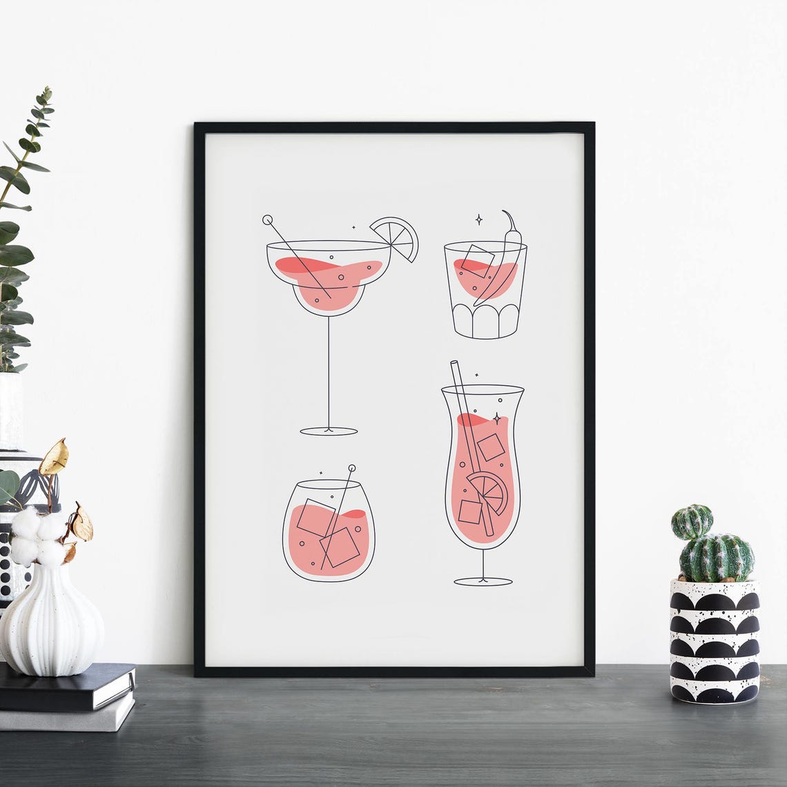 Blush Pink Four Cocktail Glasses Minimal Line Art Bar Poster