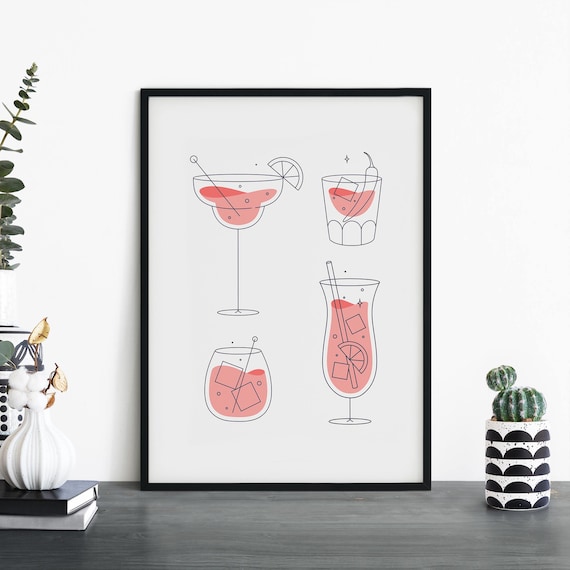 Blush Pink Four Cocktail Glasses Minimal Line Art Bar Poster
