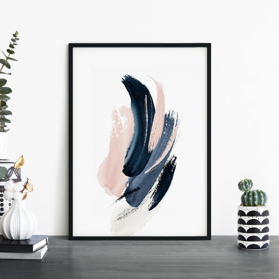 Navy Blue and Blush Pink Brushstroke Modern Abstract Art Print
