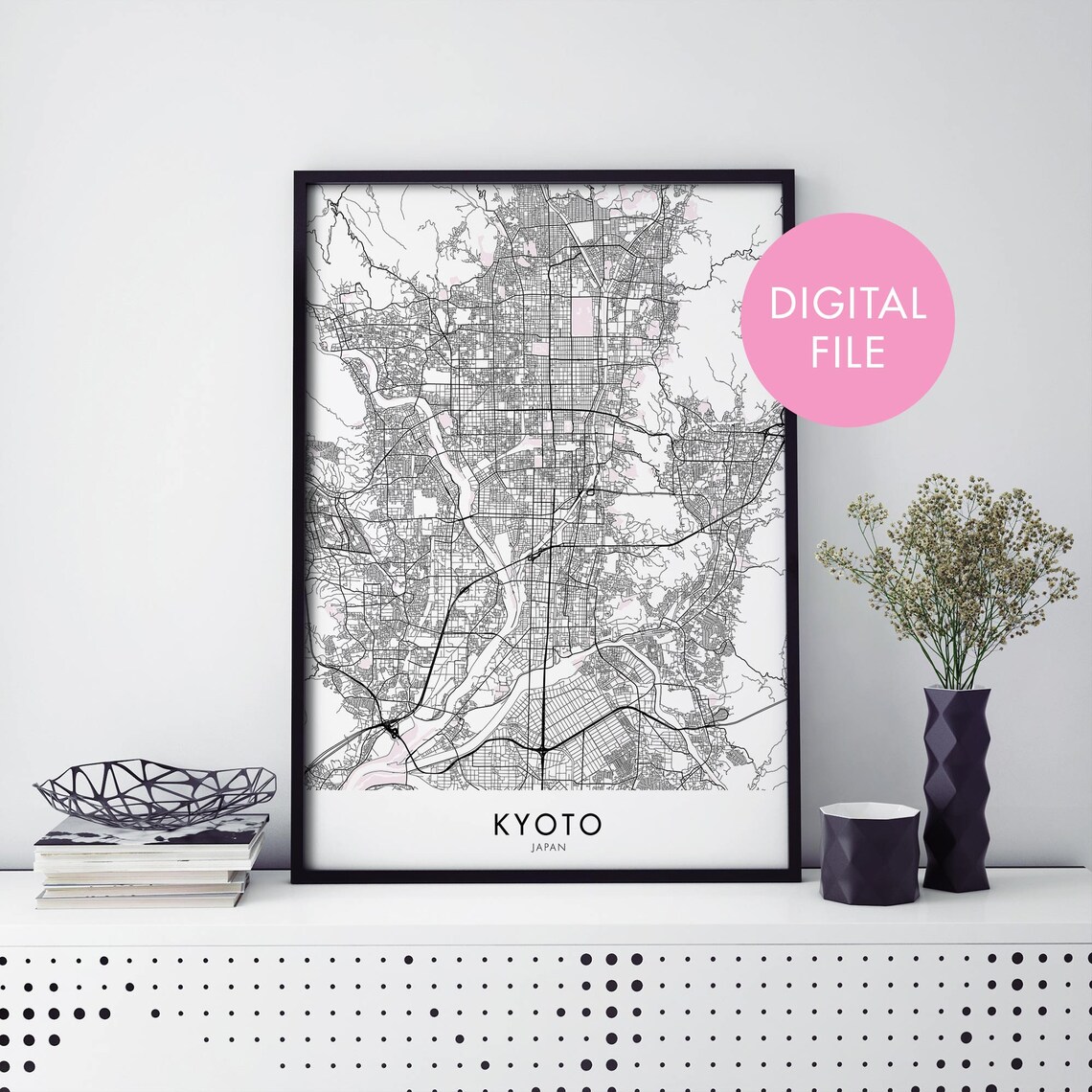 Kyoto Japan Minimalist Black and White City Street Map Poster