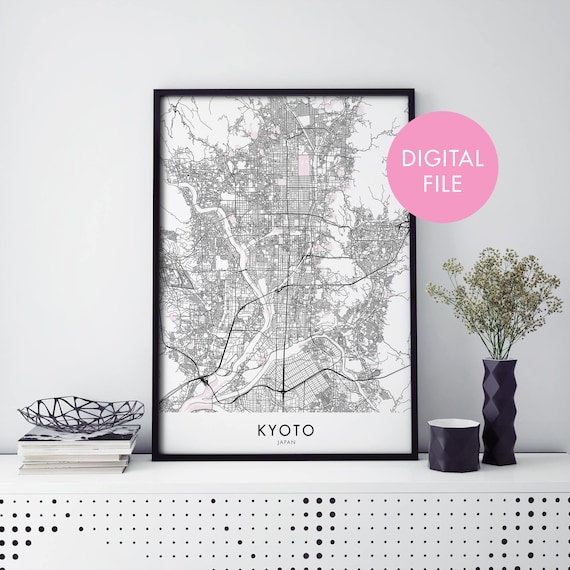 Kyoto Japan Minimalist Black and White City Street Map Poster