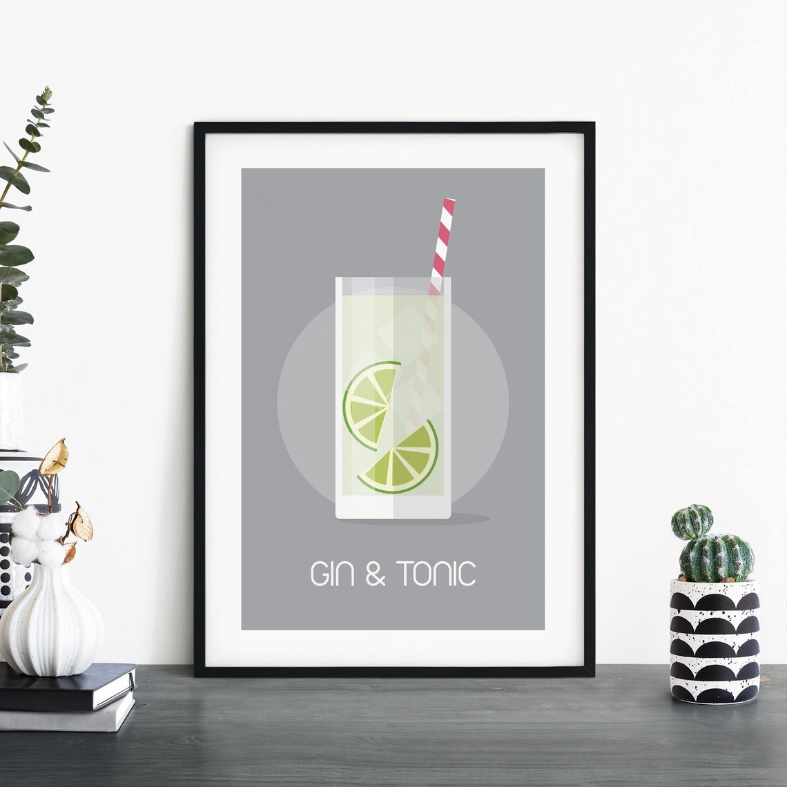 Gin and Tonic Cocktail Minimalist Grey Illustration Bar Poster