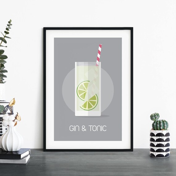 Gin and Tonic Cocktail Minimalist Grey Illustration Bar Poster