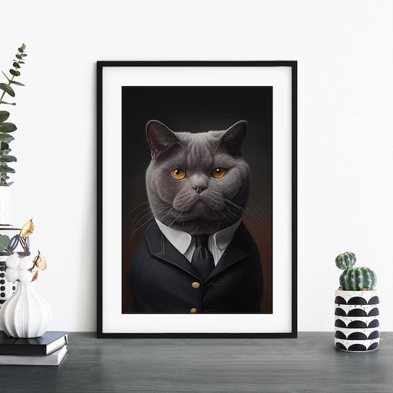 Grey British Shorthair Cat in a Suit Portrait Funny Animal Humor Poster