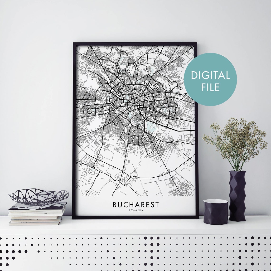 Bucharest Romania Street Map City Poster Digital File Instant Download
