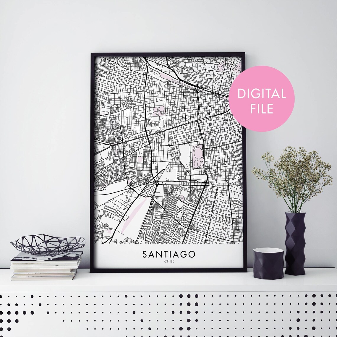 Santiago Chile City Map Black Line Art Poster Instant Download File