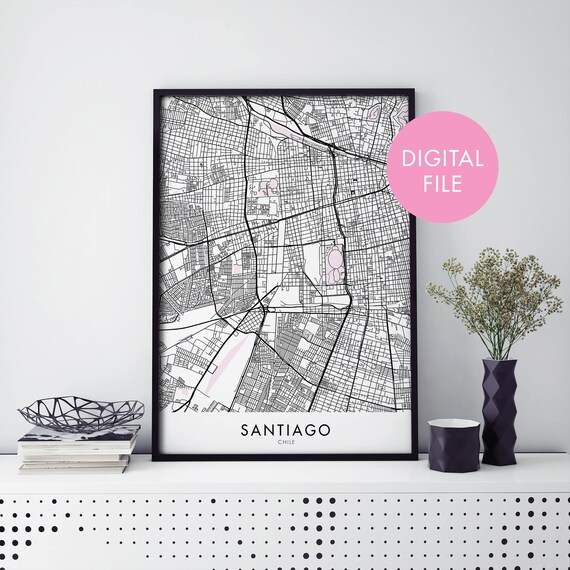 Santiago Chile City Map Black Line Art Poster Instant Download File
