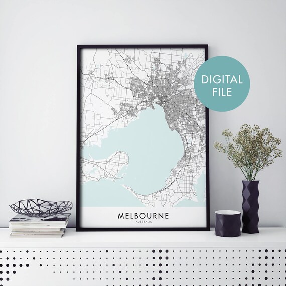 Melbourne Australia Black Line City Map With Bay Water Poster