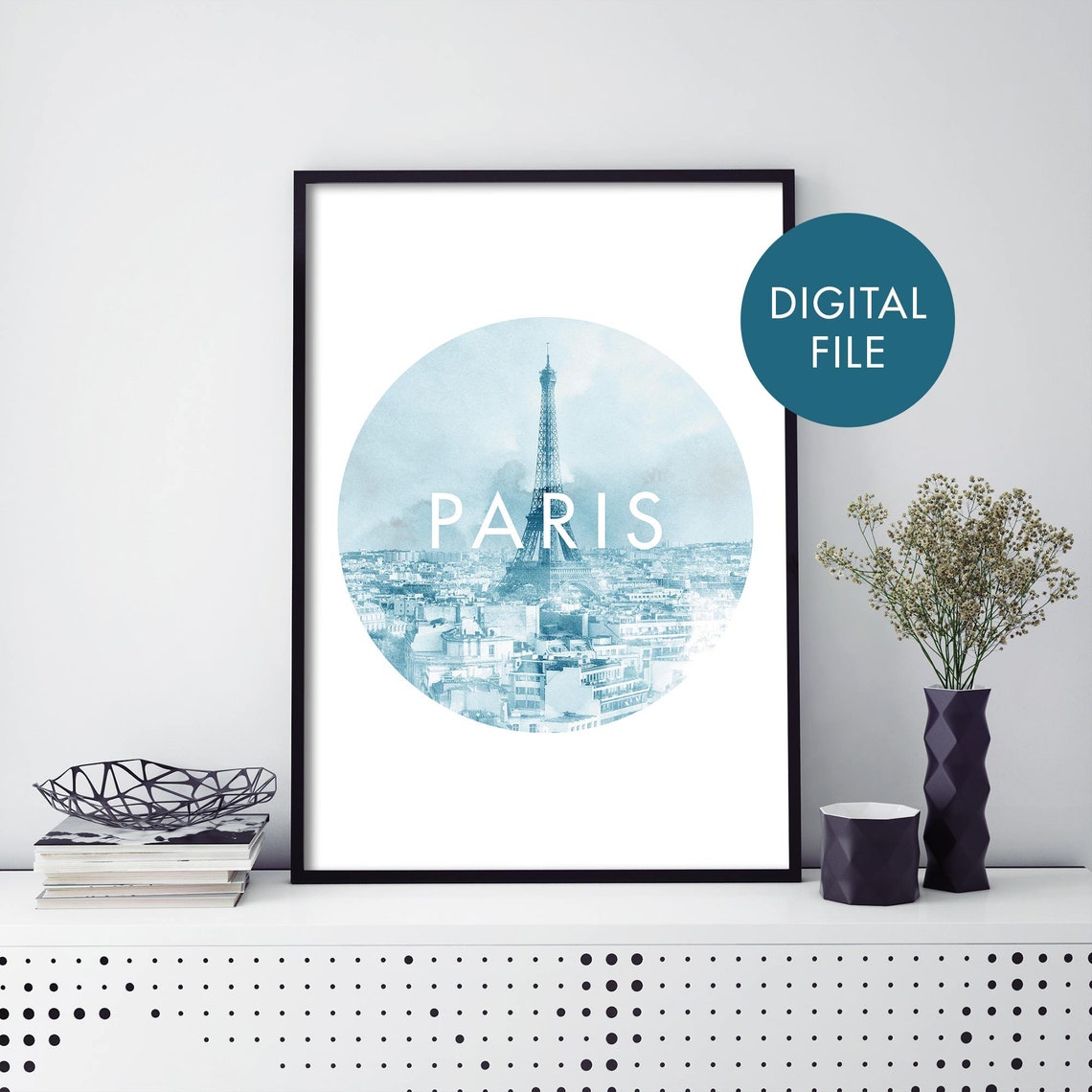 Paris Eiffel Tower Teal Watercolor Circle City Landmark Art Poster