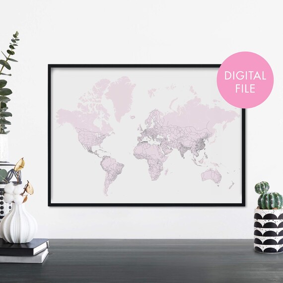 Blush Pink World Map Modern Minimalist Travel Decor Wall Art