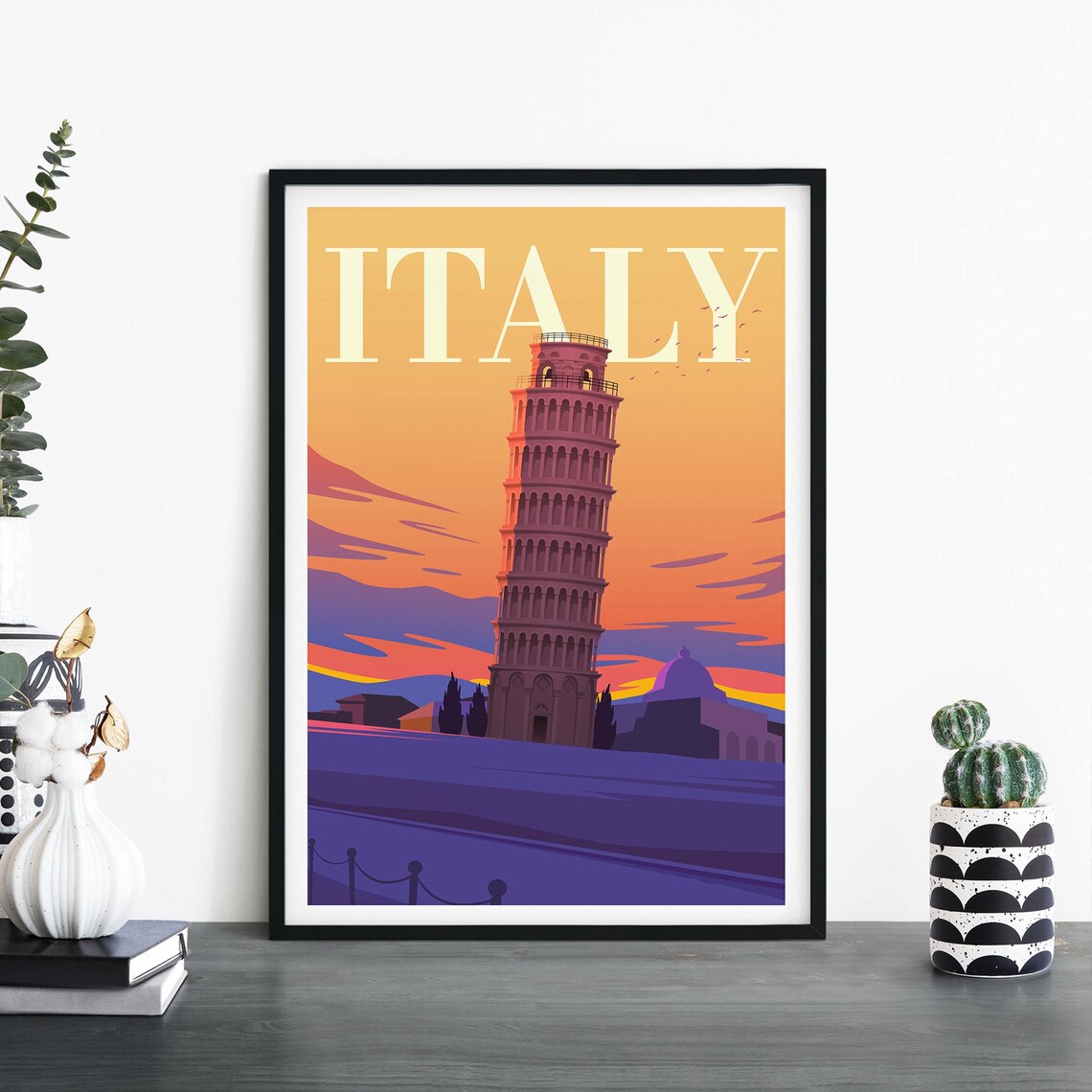 Italy Leaning Tower of Pisa Sunset Illustrative Travel Poster