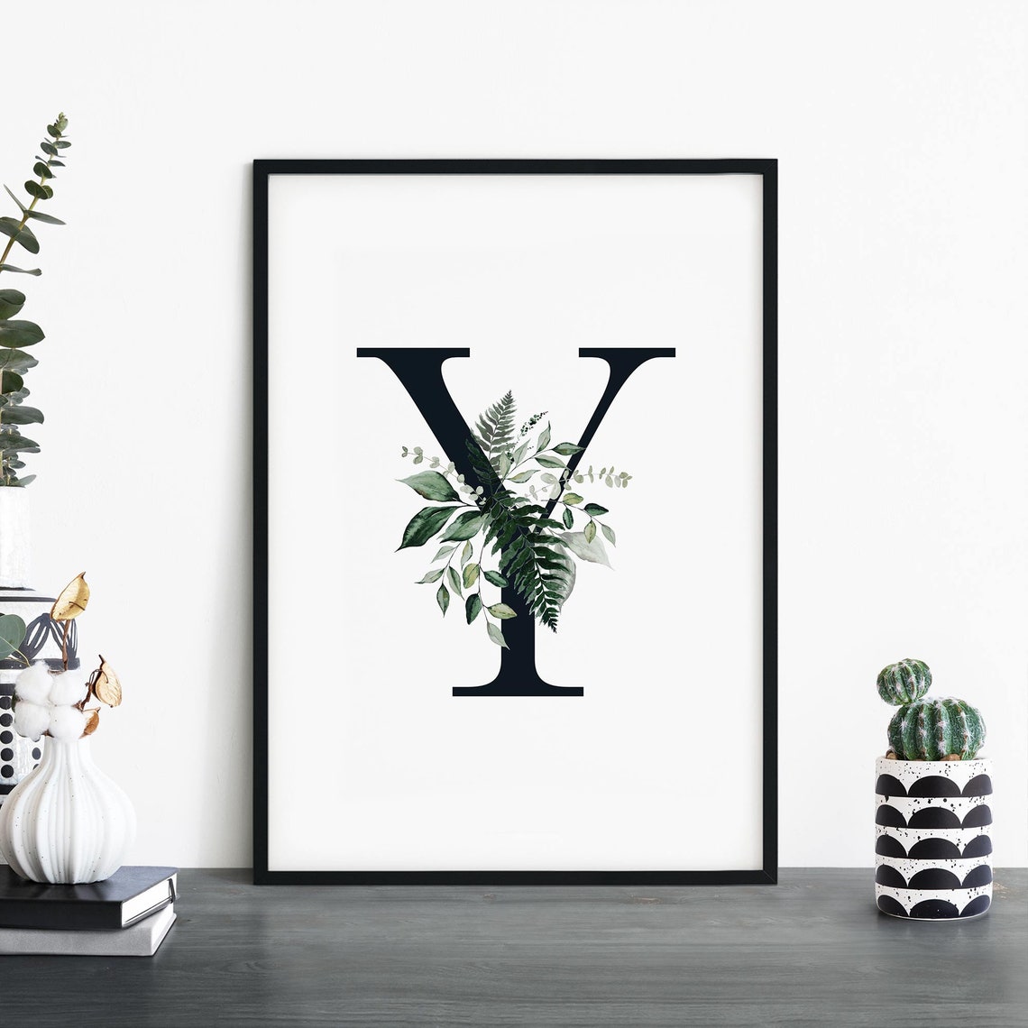 Botanical Letter Y Monogram Initial Watercolor Greenery Art Poster