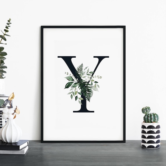 Botanical Letter Y Monogram Initial Watercolor Greenery Art Poster