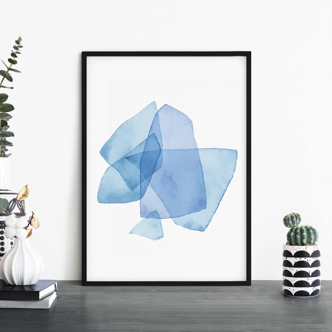 Layered Blue Watercolor Shapes Modern Minimalist Abstract Wall Art