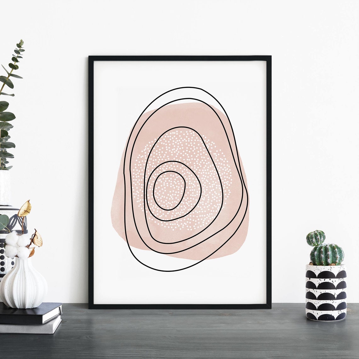 Blush Pink Blob Concentric Black Lines Dotted Abstract Wall Art