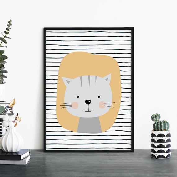 Cute Smiling Cartoon Cat Face Striped Kids Nursery Decor Wall Art